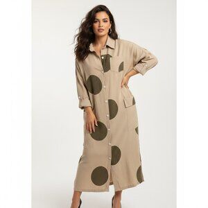 Elegant Beige Polka Dot Long Sleeve Dress
